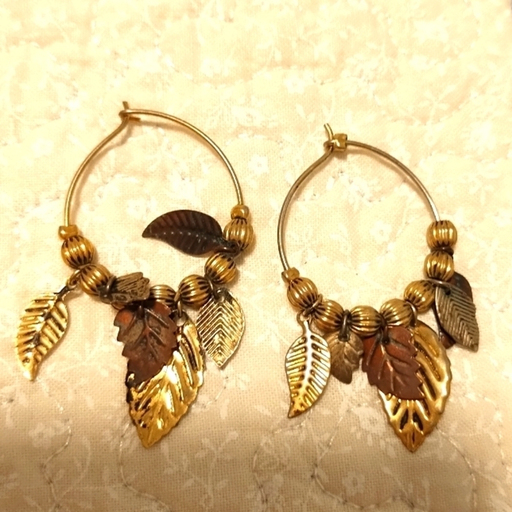 Gold and Brown Tone  Leaf Hoop Earrings